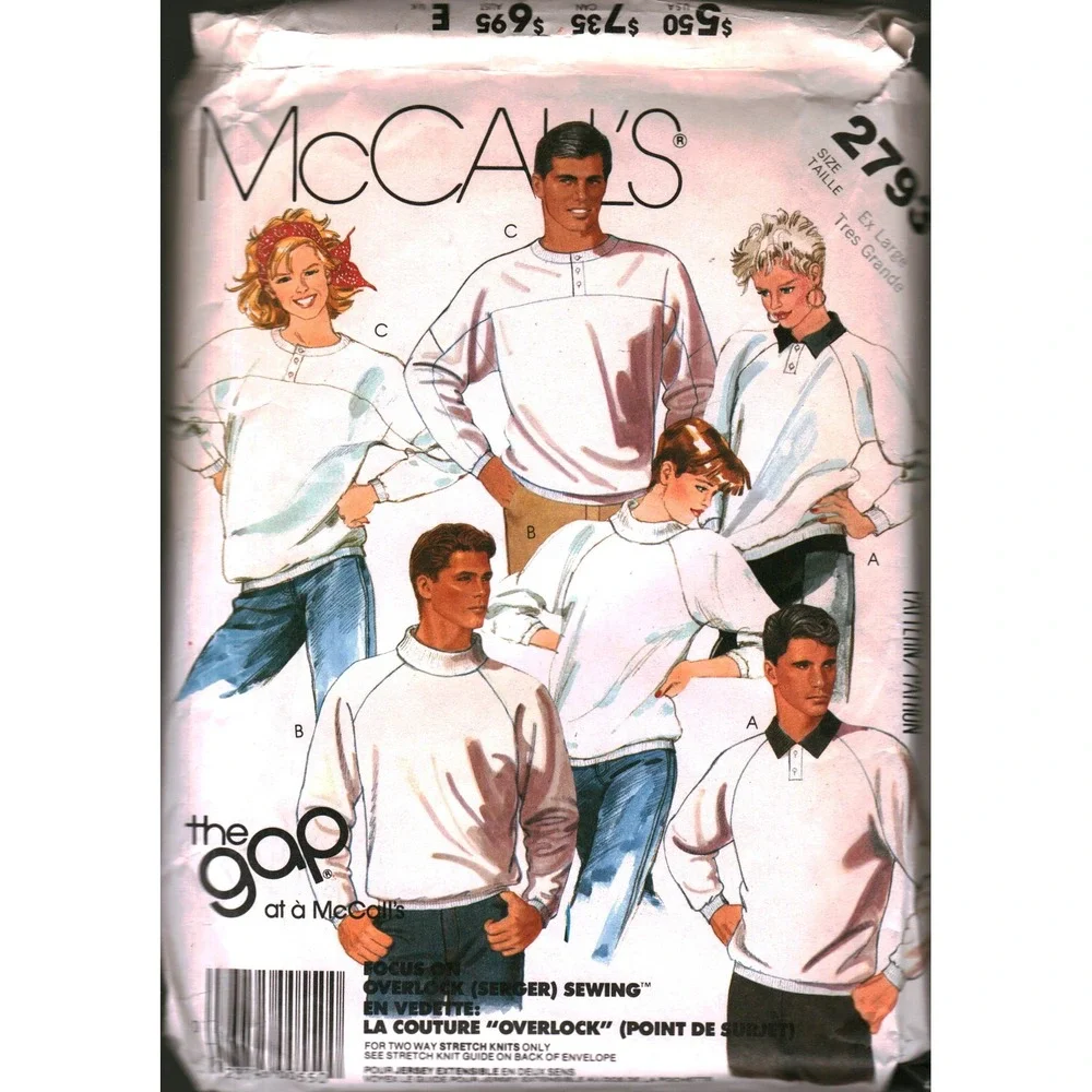 McCall's 2793 Vintage 1986 Misses Mens Pullover Tops Sewing Pattern Size XL